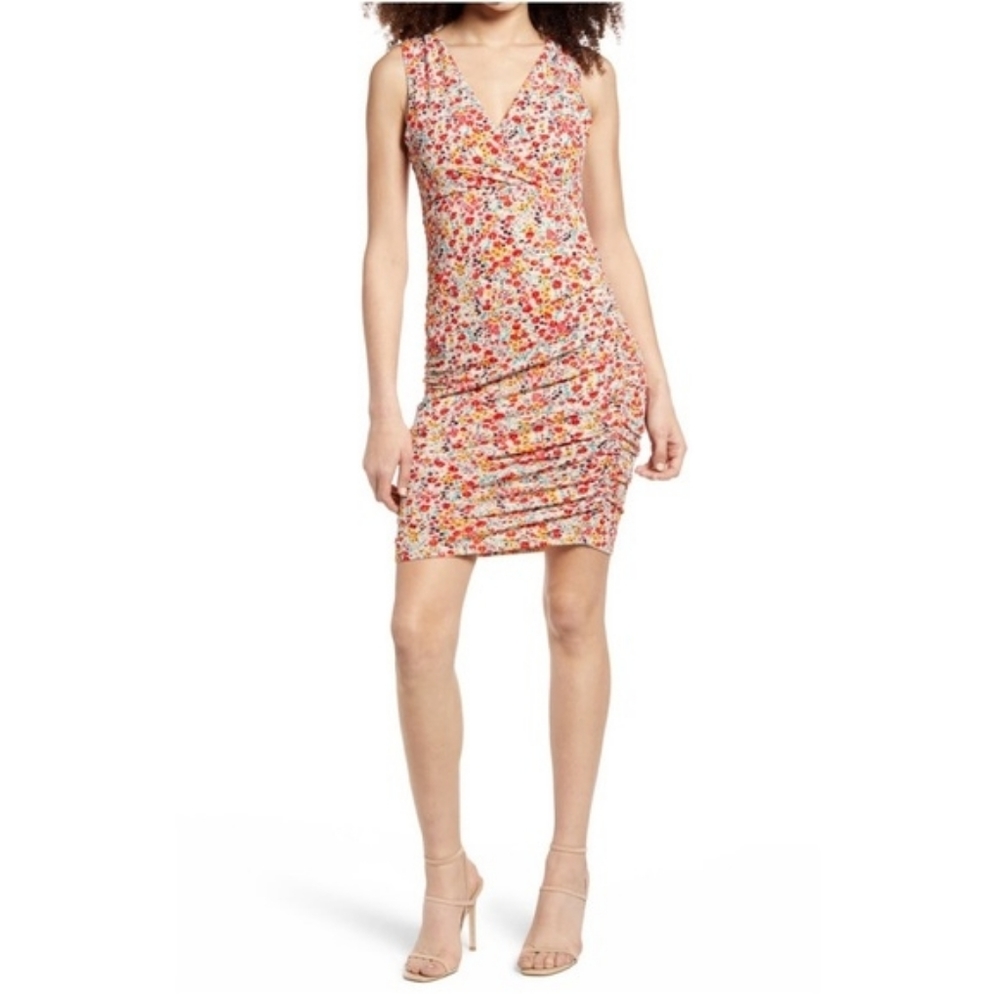 Leith floral v neck sleeveless ruched mini dress, Small, Multicolor
